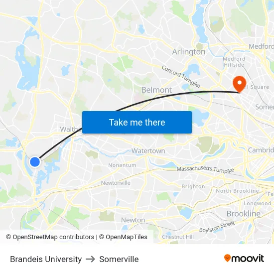 Brandeis University to Somerville map