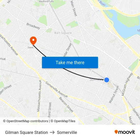 Gilman Square Station to Somerville map