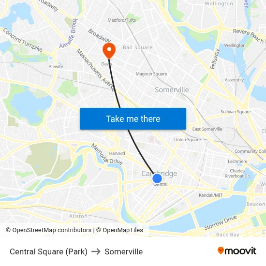 Central Square (Park) to Somerville map