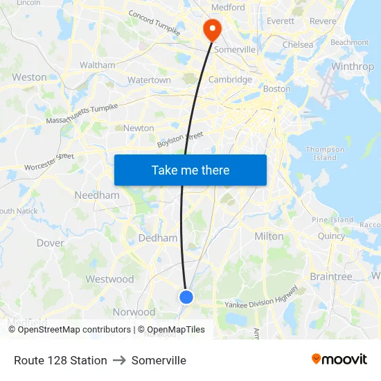 Route 128 Station to Somerville map