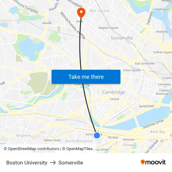 Boston University to Somerville map