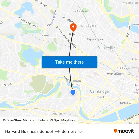 Harvard Business School to Somerville map