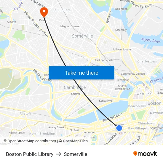 Boston Public Library to Somerville map