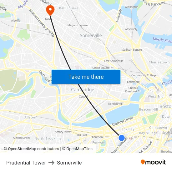 Prudential Tower to Somerville map