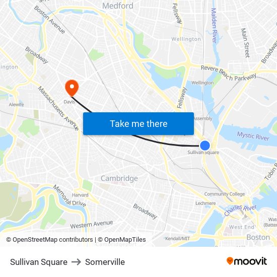 Sullivan Square to Somerville map