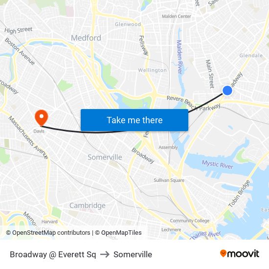 Broadway @ Everett Sq to Somerville map