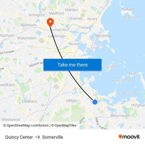 Quincy Center to Somerville map