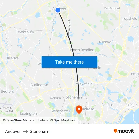 Andover to Stoneham map