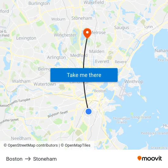 Boston to Stoneham map