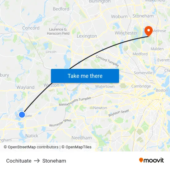 Cochituate to Stoneham map