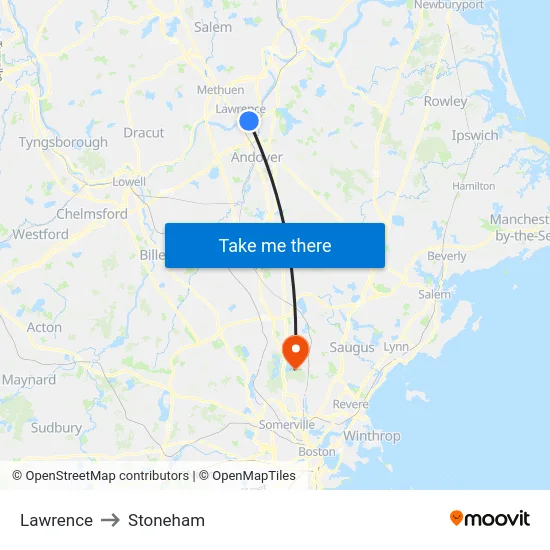 Lawrence to Stoneham map