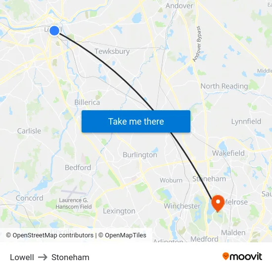 Lowell to Stoneham map