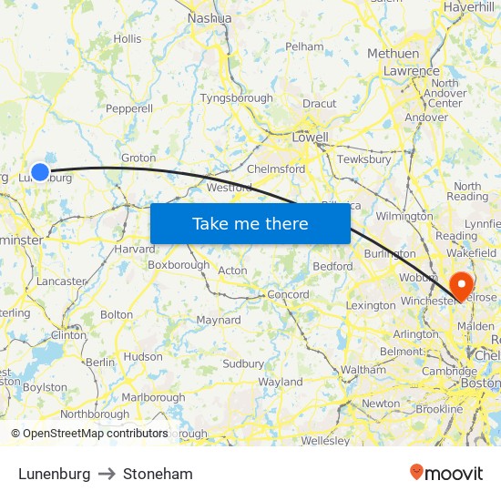 Lunenburg to Stoneham map