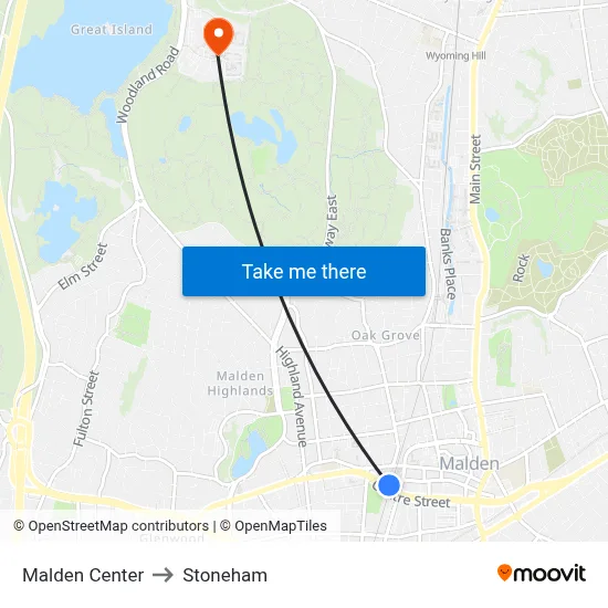 Malden Center to Stoneham map