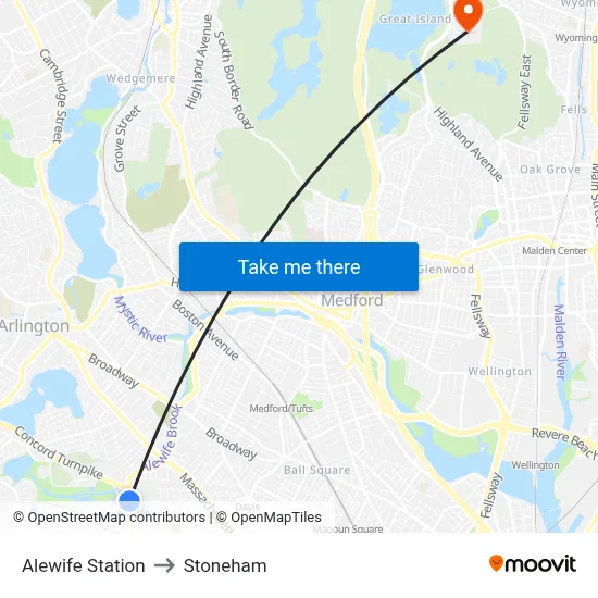 Alewife Station to Stoneham map