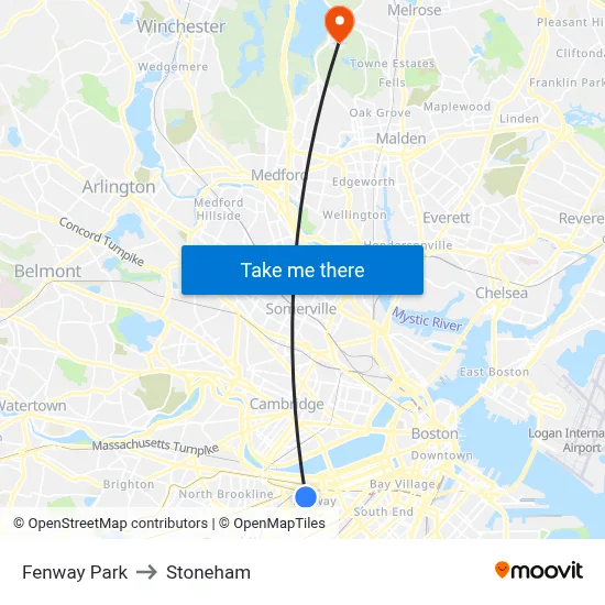 Fenway Park to Stoneham map