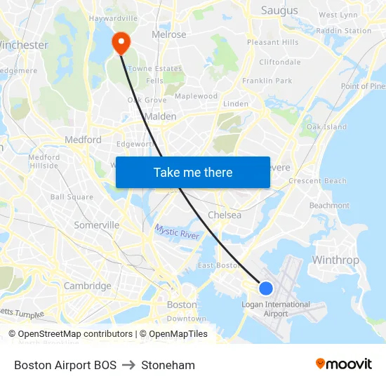 Boston Airport BOS to Stoneham map