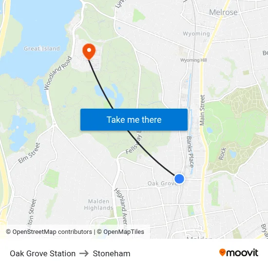 Oak Grove Station to Stoneham map