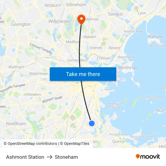 Ashmont Station to Stoneham map