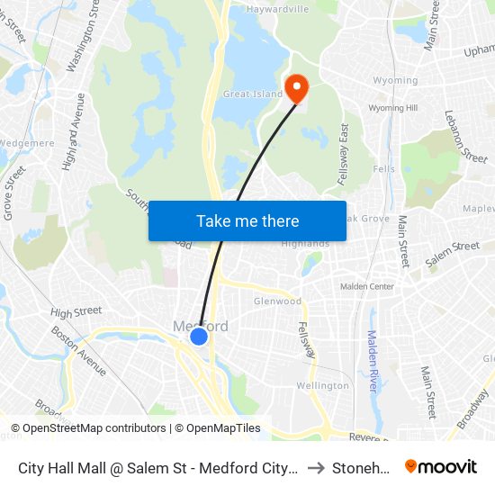 City Hall Mall @ Salem St - Medford City Hall to Stoneham map