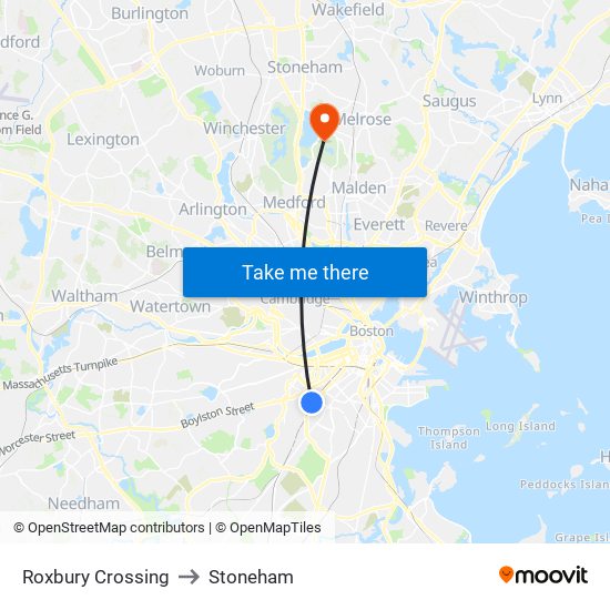 Roxbury Crossing to Stoneham map