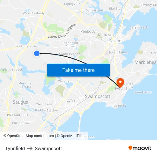 Lynnfield to Swampscott map