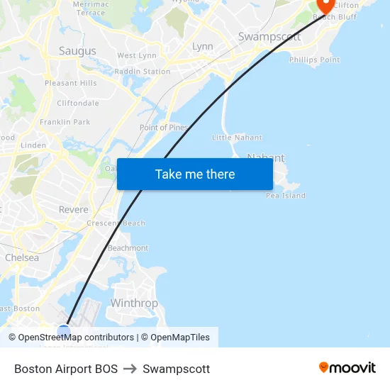 Boston Airport BOS to Swampscott map