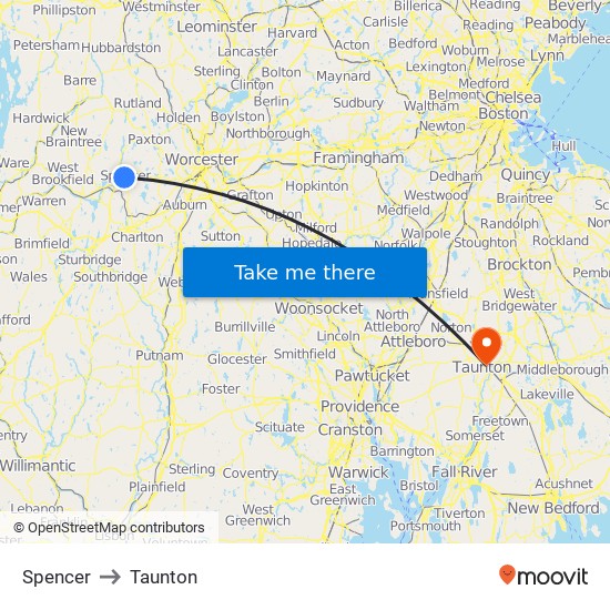 Spencer to Taunton map