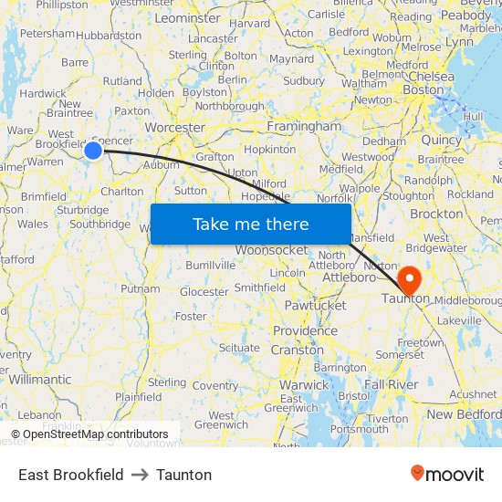 East Brookfield to Taunton map