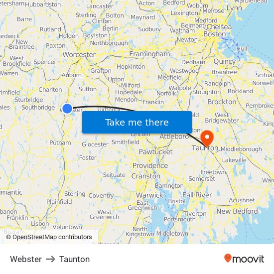 Webster to Taunton map