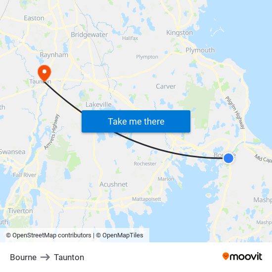 Bourne to Taunton map