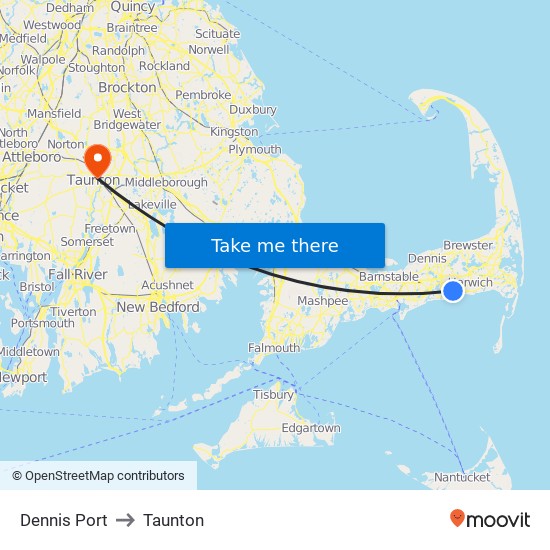 Dennis Port to Taunton map
