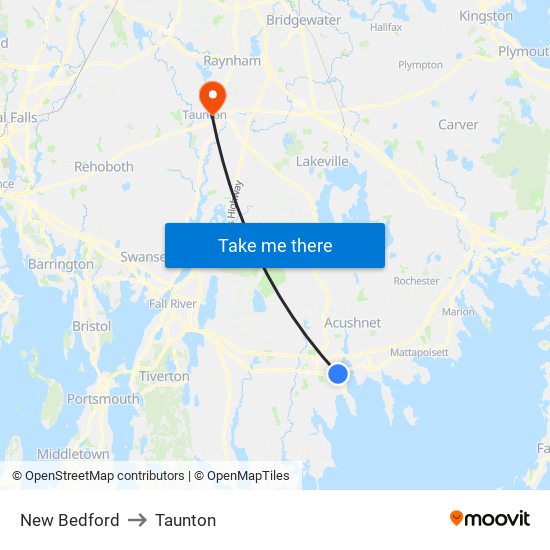 New Bedford to Taunton map