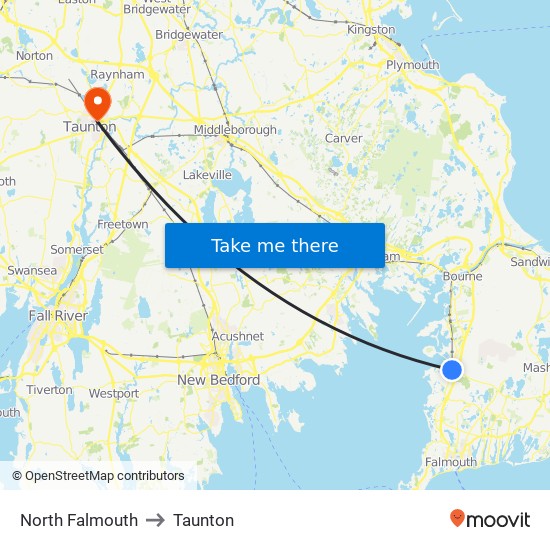 North Falmouth to Taunton map