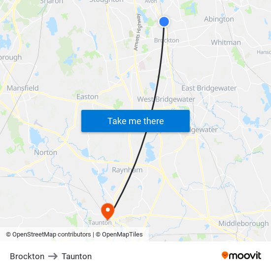 Brockton to Taunton map