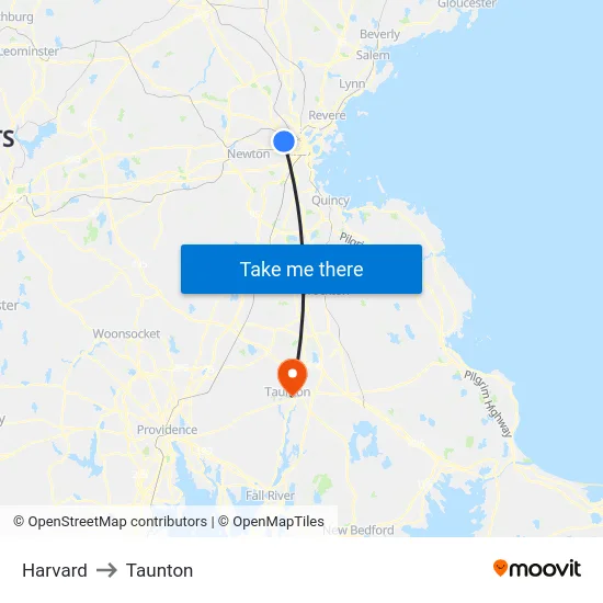 Harvard to Taunton map