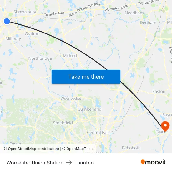 Worcester Union Station to Taunton map