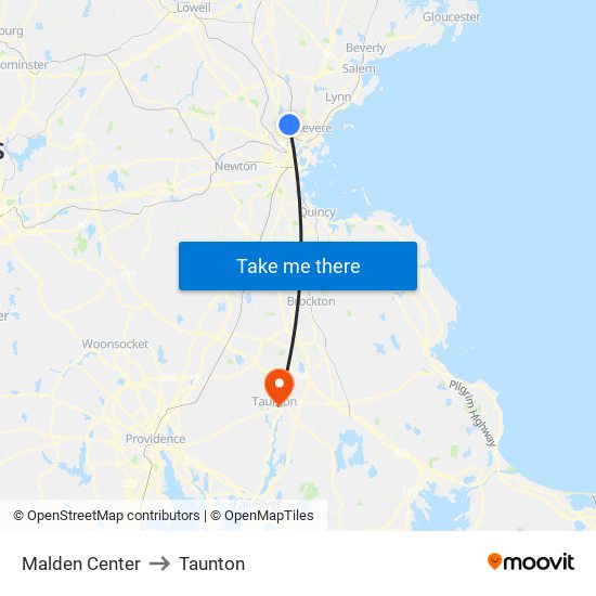 Malden Center to Taunton map