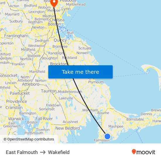 East Falmouth to Wakefield map