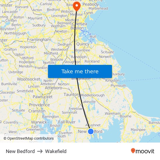 New Bedford to Wakefield map