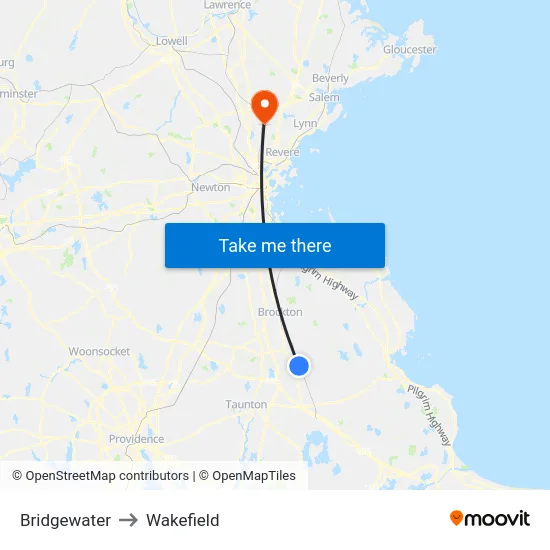 Bridgewater to Wakefield map