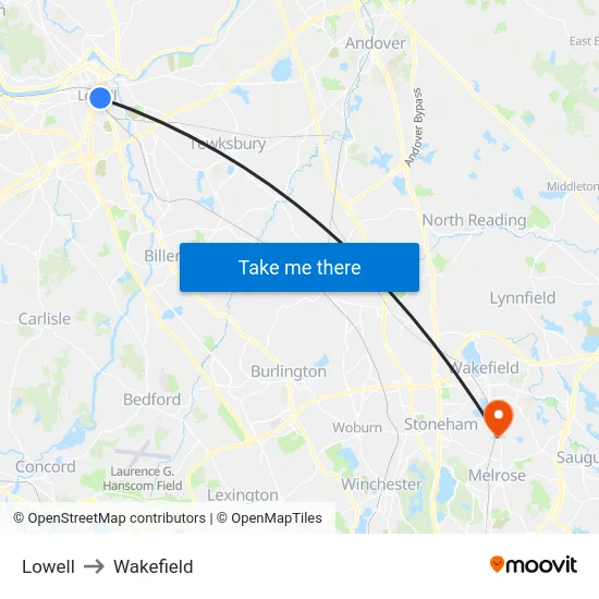 Lowell to Wakefield map
