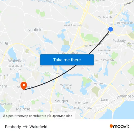Peabody to Wakefield map