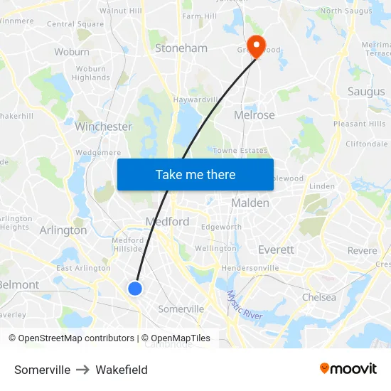 Somerville to Wakefield map