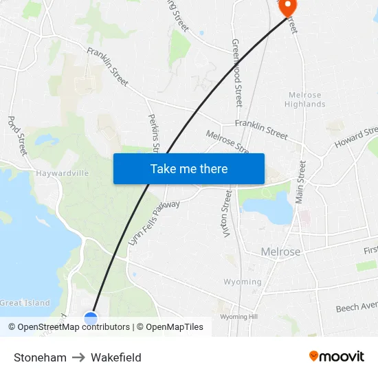 Stoneham to Wakefield map