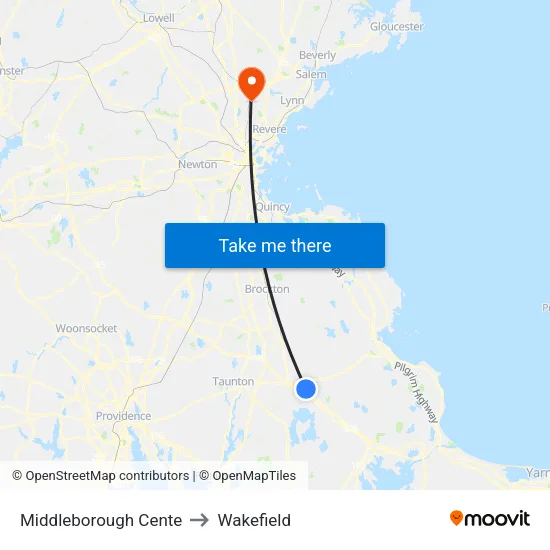 Middleborough Cente to Wakefield map
