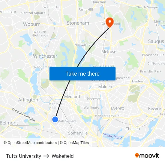 Tufts University to Wakefield map