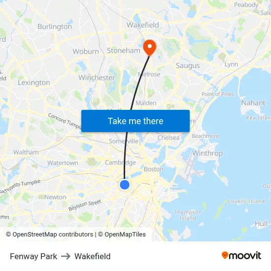 Fenway Park to Wakefield map