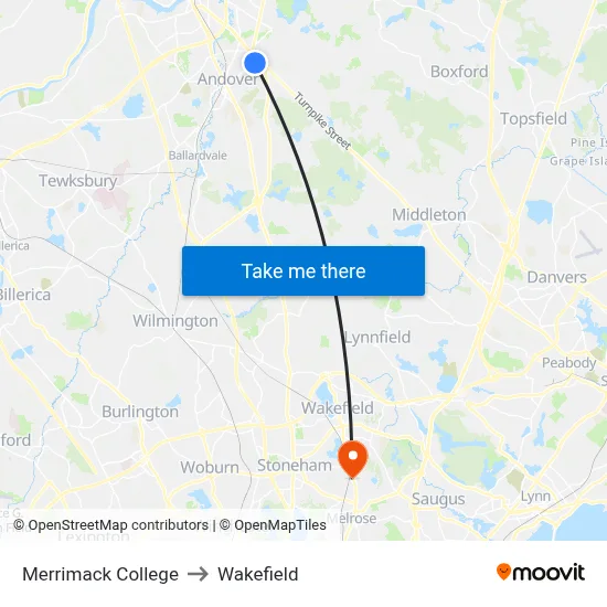Merrimack College to Wakefield map