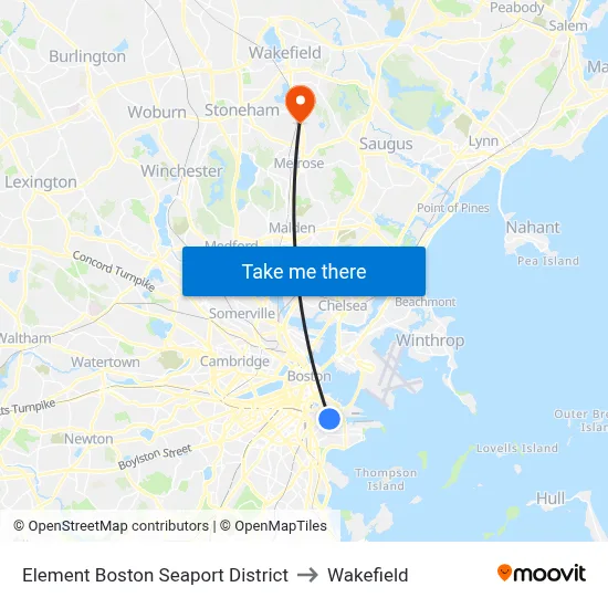 Element Boston Seaport District to Wakefield map